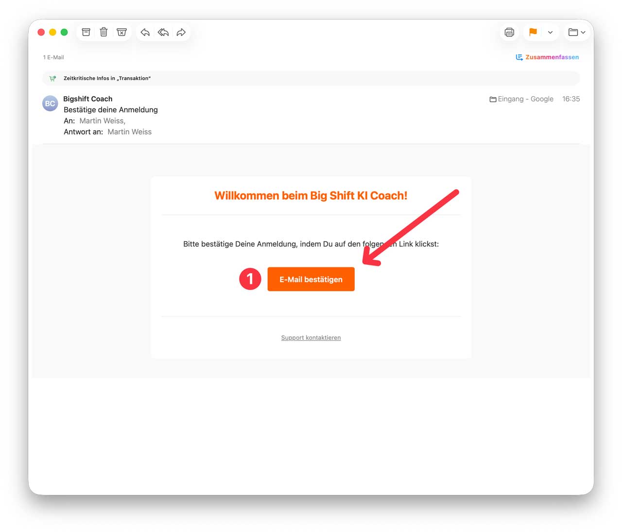 Die Bestätigungs-E-Mail mit dem Button E-Mail bestätigen