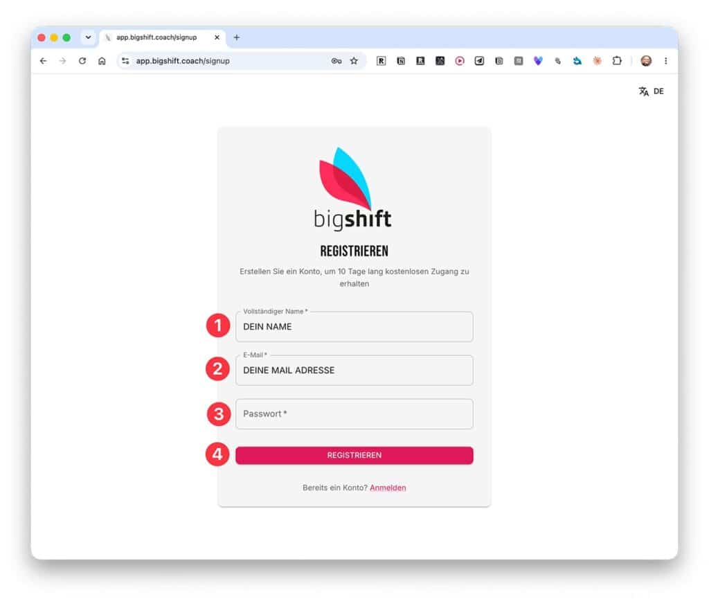 Die Registrierungsseite des Big Shift KI Coach mit den Feldern Name, E-Mail und Passwort